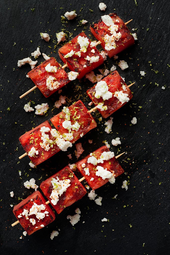 food photography of watermelon skewers