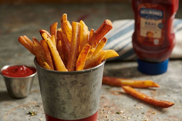 food photography of french fries with hellmann's ketchup