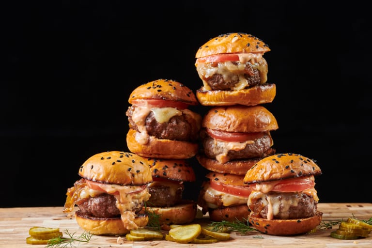 food photography of burgers stacked