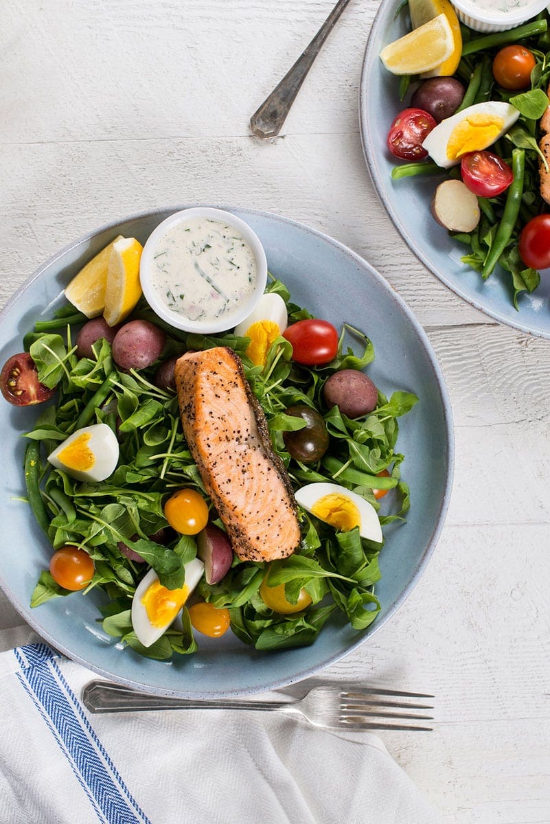Food photography of Nicoise Salad with salmon