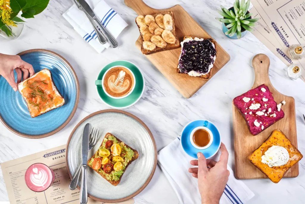 Brunch spread flatlay for Bluestone Lane, food photography by New York photographer Cayla Zahoran